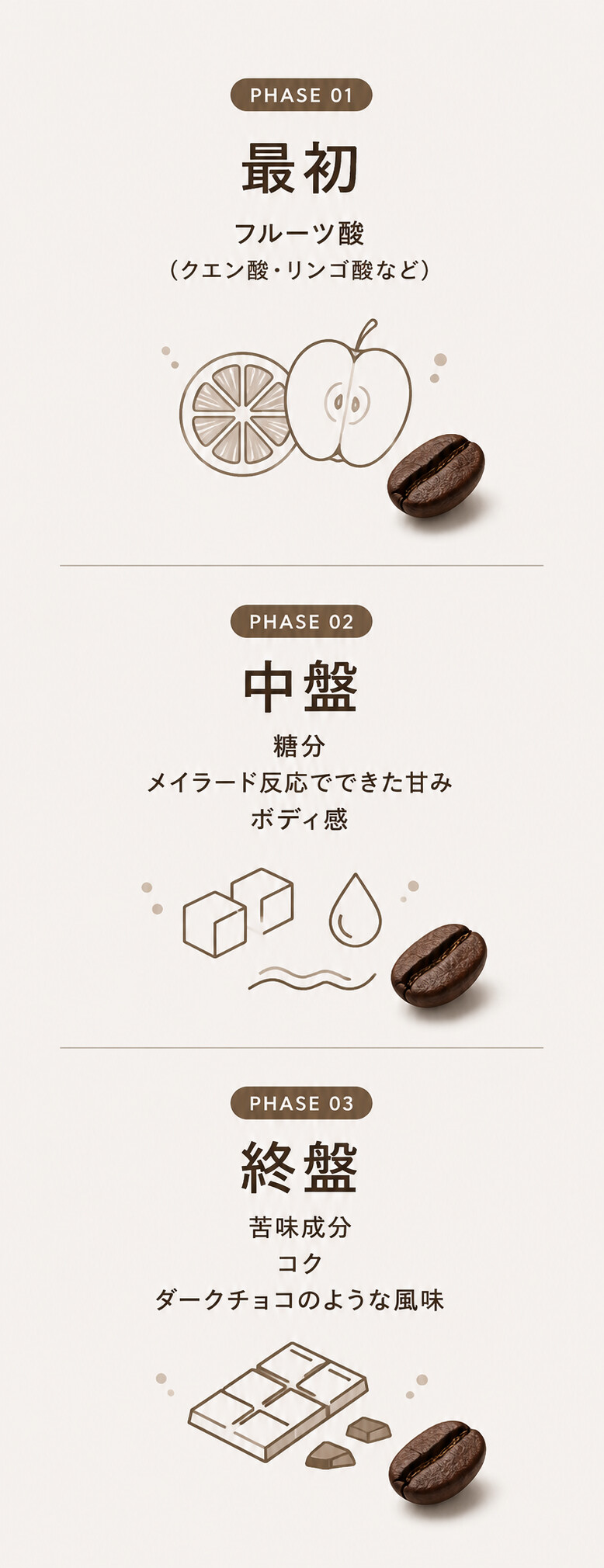 エスプレッソ抽出3段階 - PHASE 01 最初：フルーツ酸／PHASE 02 中盤：糖分・メイラード反応の甘み・ボディ感／PHASE 03 終盤：苦味成分・コク・ダークチョコのような風味